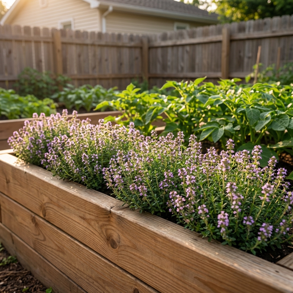 A single real raised garden bed with a neat border of thyme growing along the wooden edge
