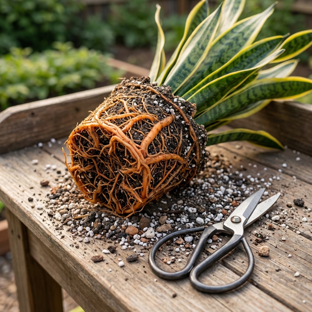 A single snake plant root ball on a potting bench with clean scissors nearby and loose gritty potting mix