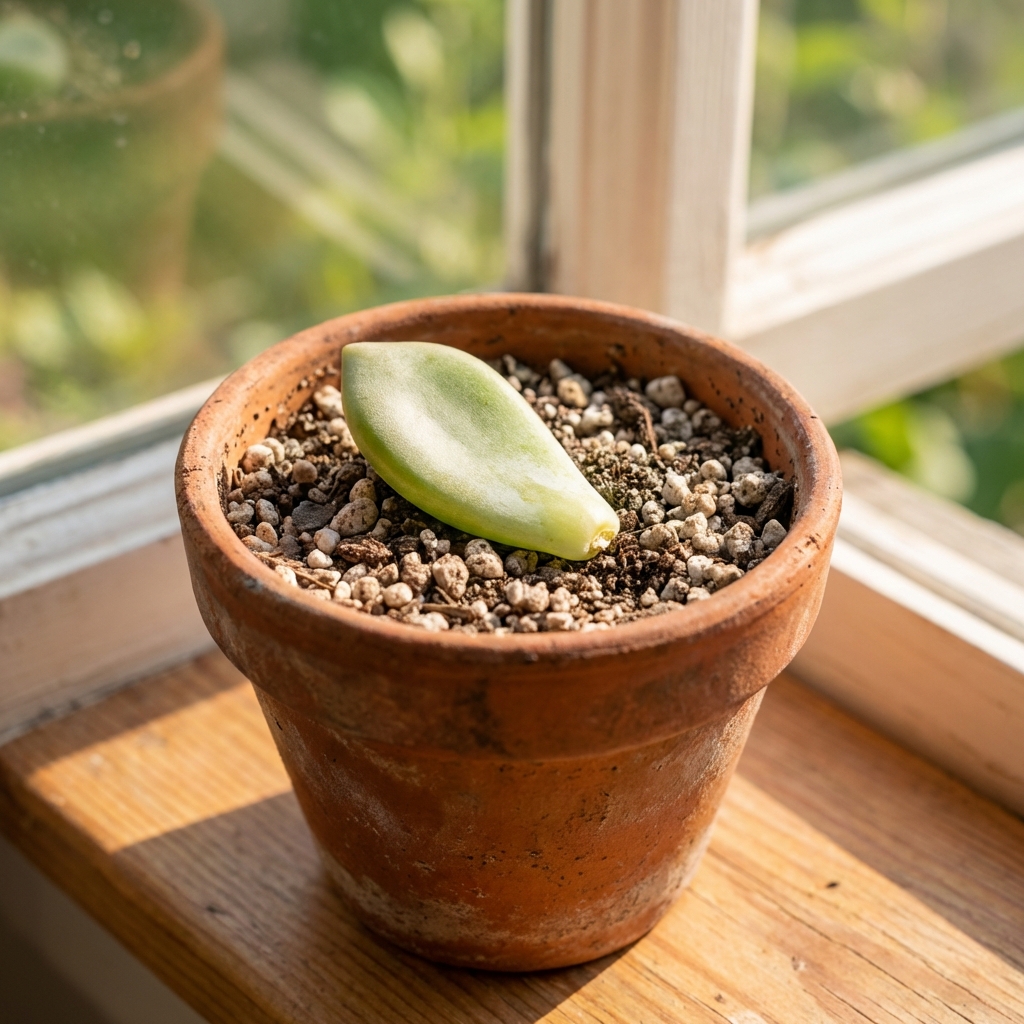 A single succulent leaf resting on gritty soil in a small pot near a bright window