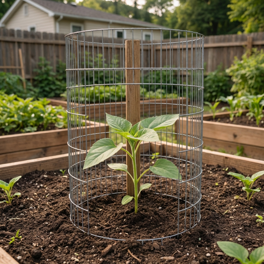 A single sunflower seedling protected by a cylindrical wire cage staked into the soil
