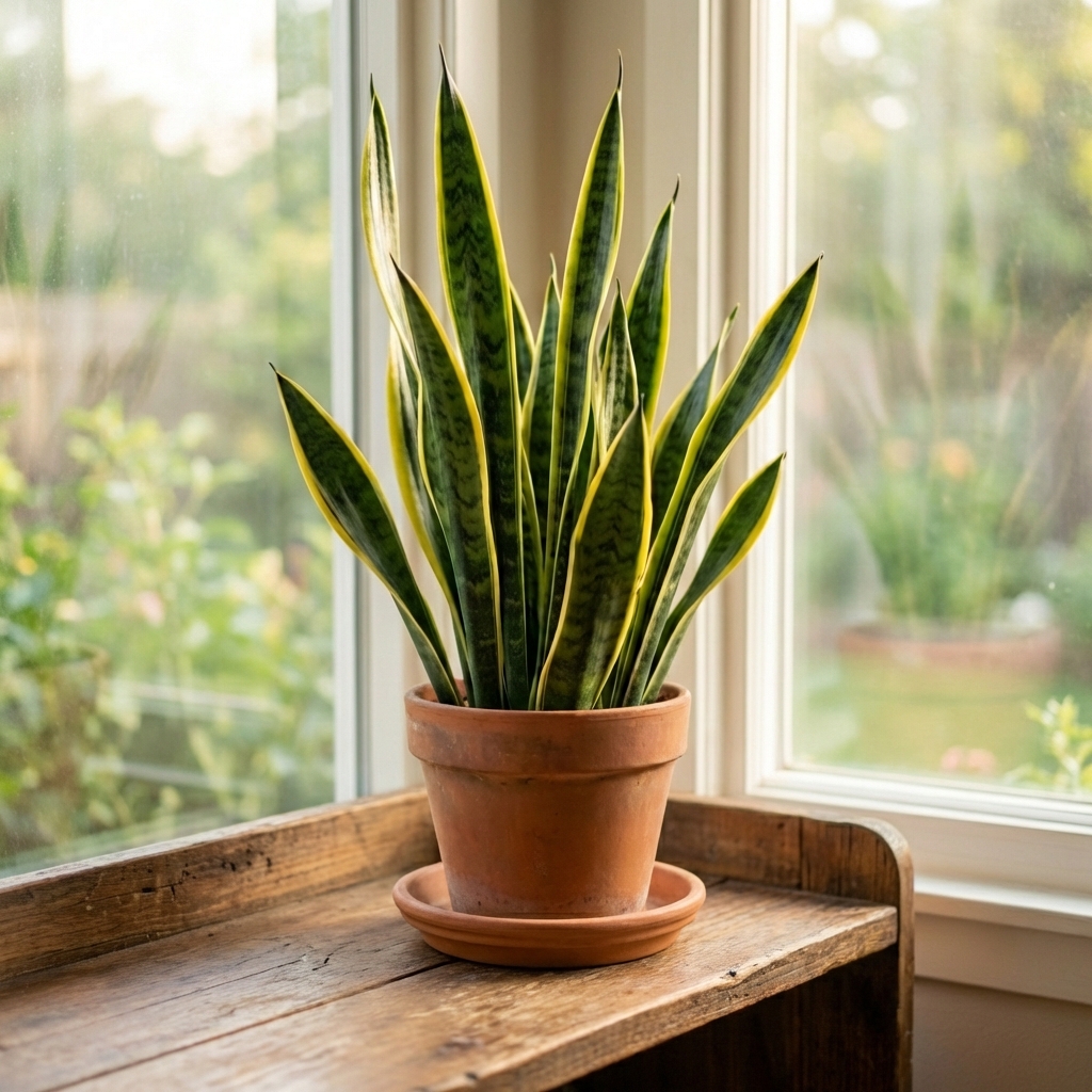 A single terra cotta pot with a snake plant on a wooden shelf, showing a drainage saucer underneath
