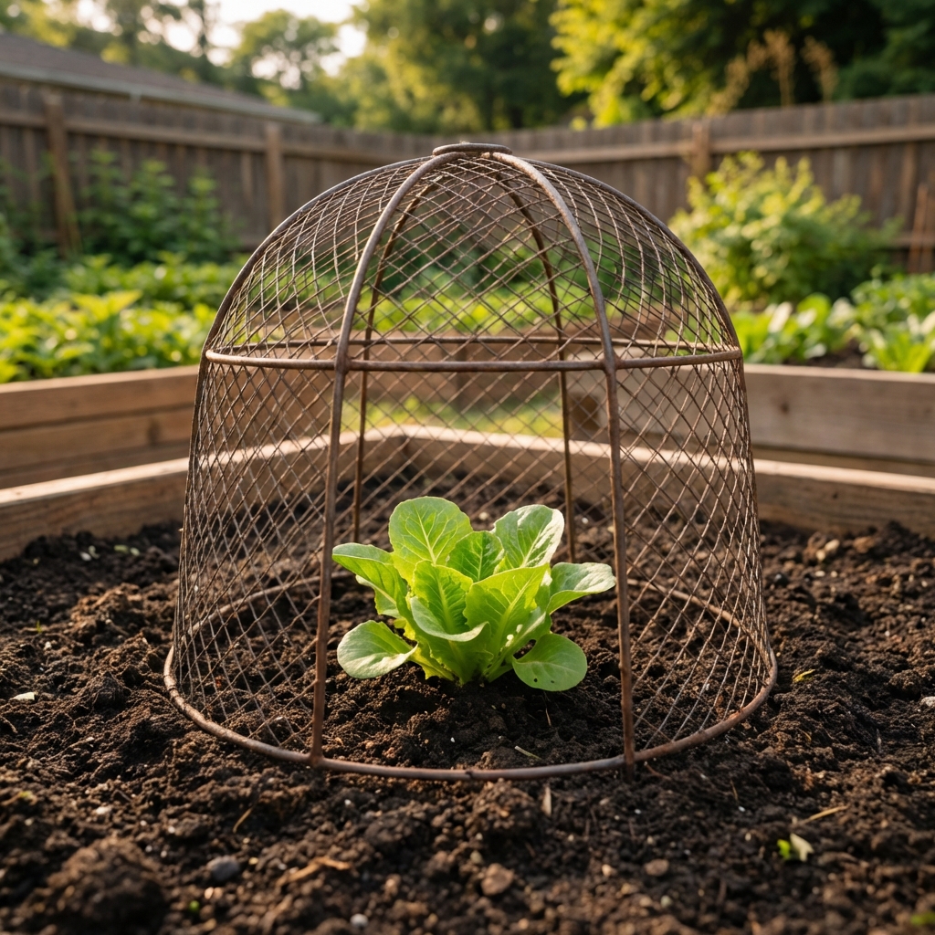 A single young lettuce plant covered by a wire cloche pushed into garden soil