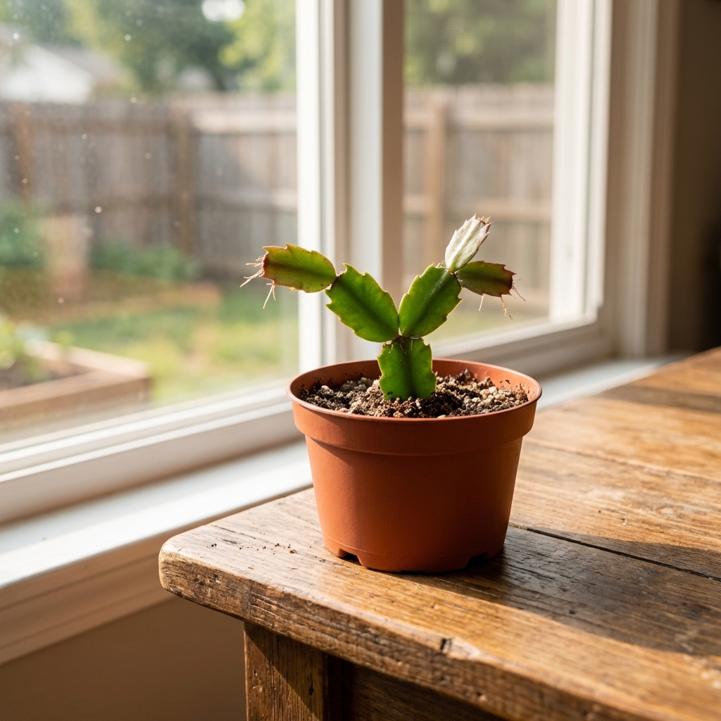 A small Christmas cactus cutting planted in a nursery pot on a table near a bright window
