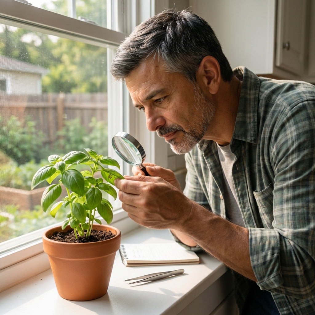 A small basil plant in a pot on a kitchen windowsill being inspected for pests on the underside of leaves
