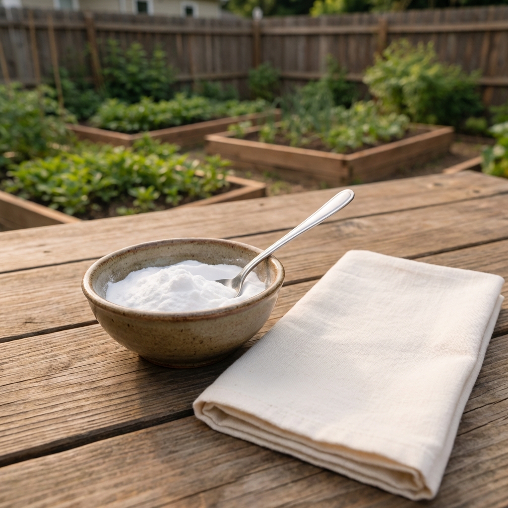A small bowl of baking soda paste and a spoon on an outdoor table next to a clean cloth