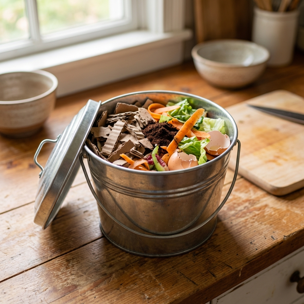 A small compost pail on a kitchen counter with shredded cardboard and vegetable scraps visible inside