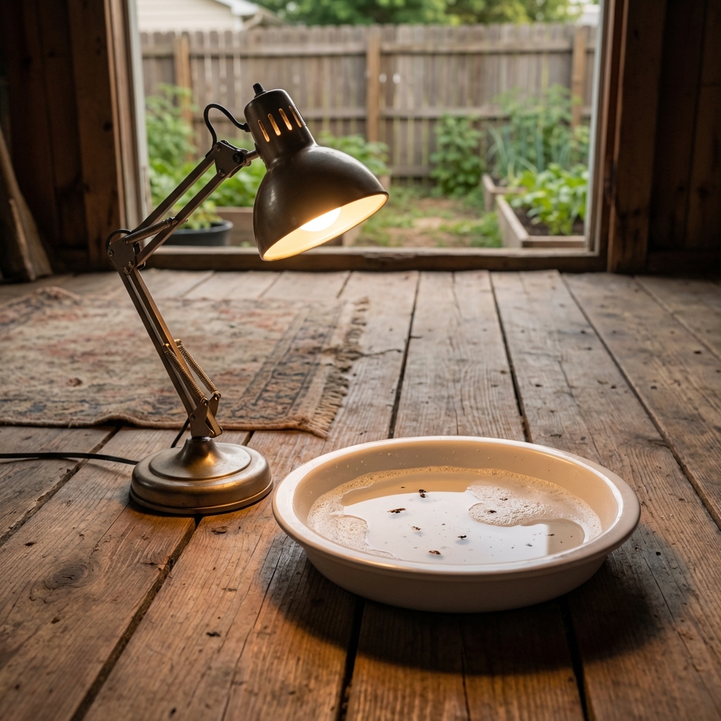A small desk lamp on a floor next to a shallow dish of soapy water used as a flea trap