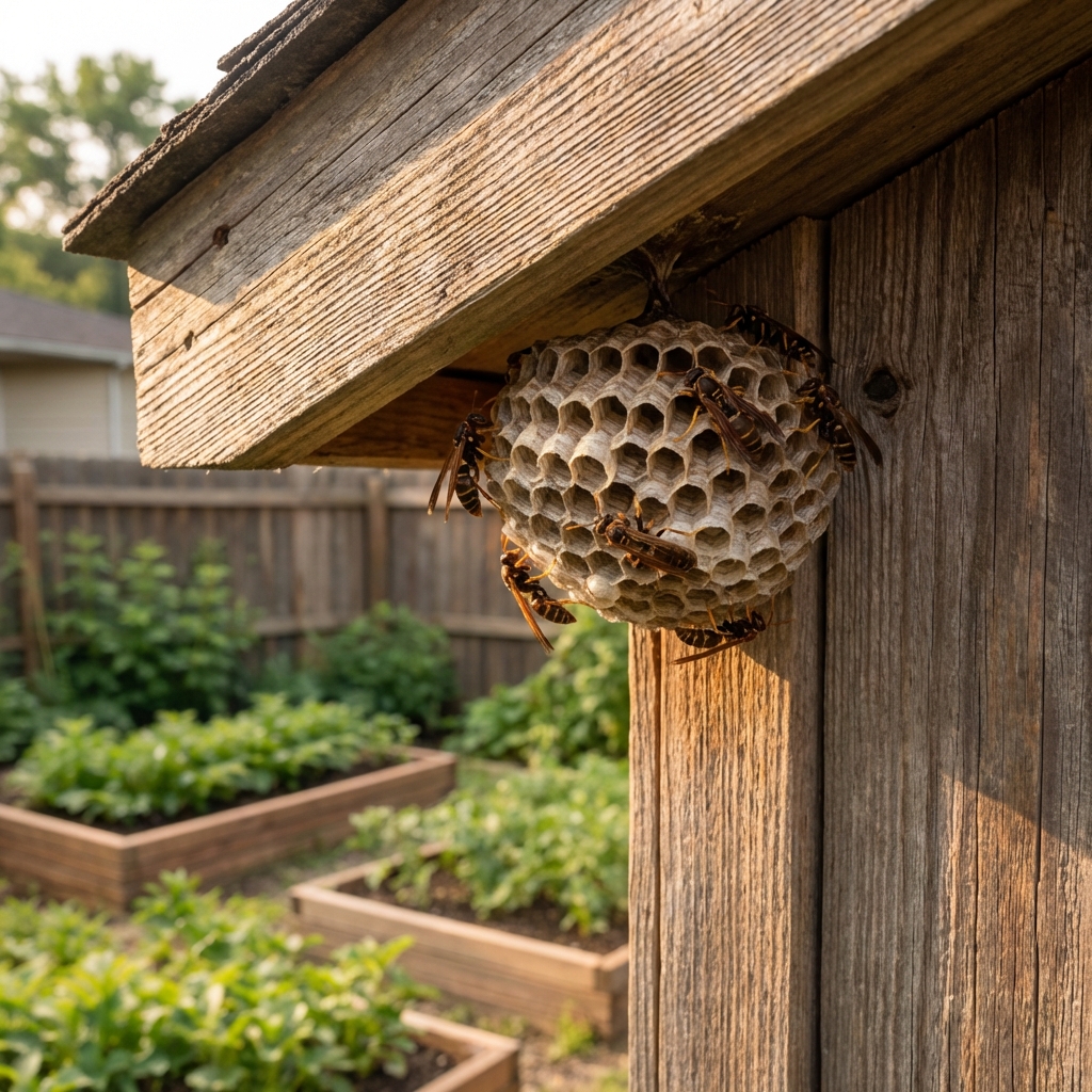 A small paper wasp nest attached under the corner of a wooden shed eave in a backyard