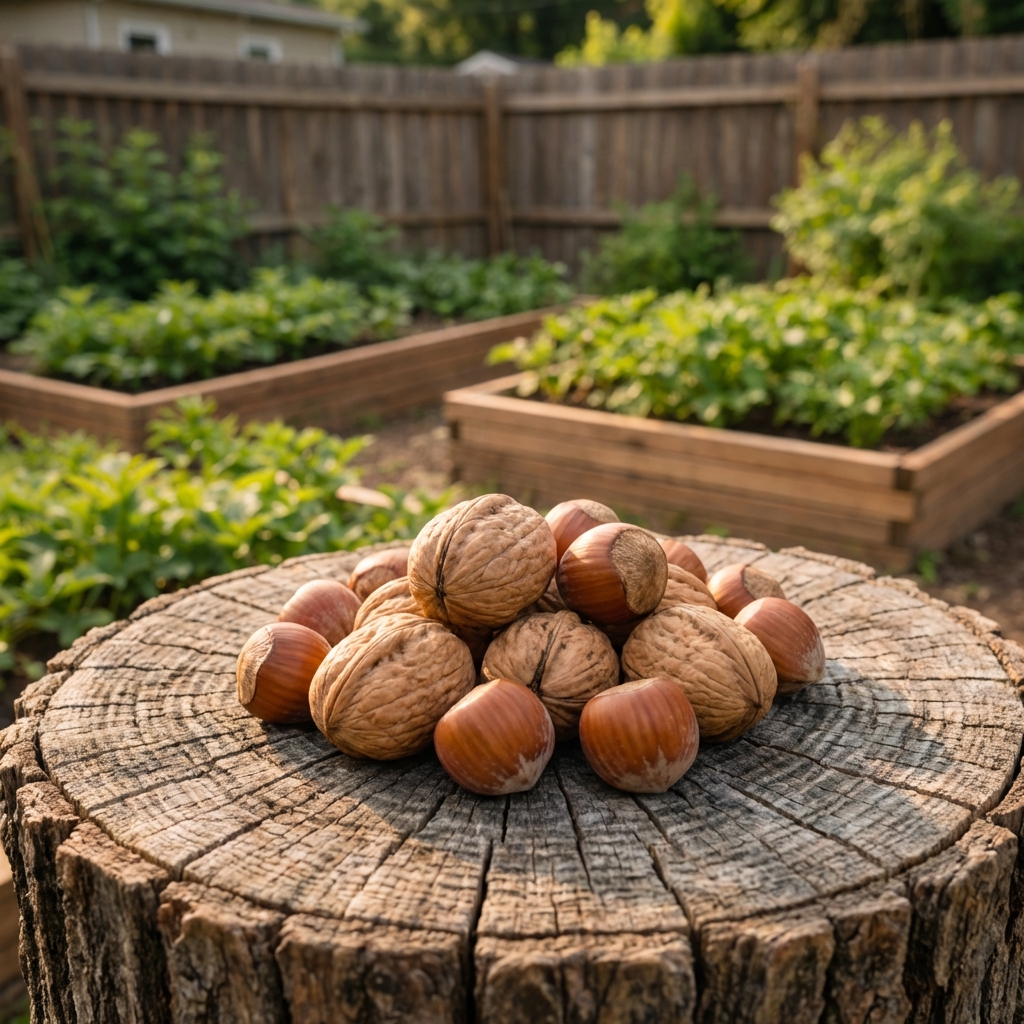 A small pile of in-shell walnuts and hazelnuts on a weathered tree stump in a backyard