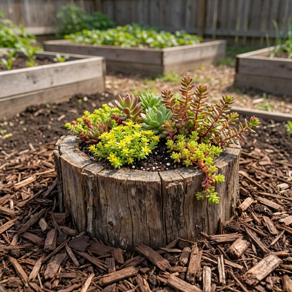 A small stump in a backyard garden with a shallow hollow planted with sedum and surrounded by mulch