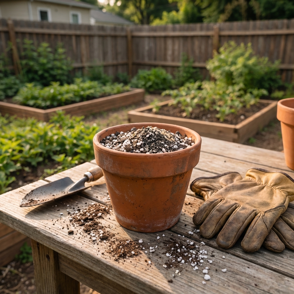 A small terracotta pot filled with gritty cactus mix on a potting bench