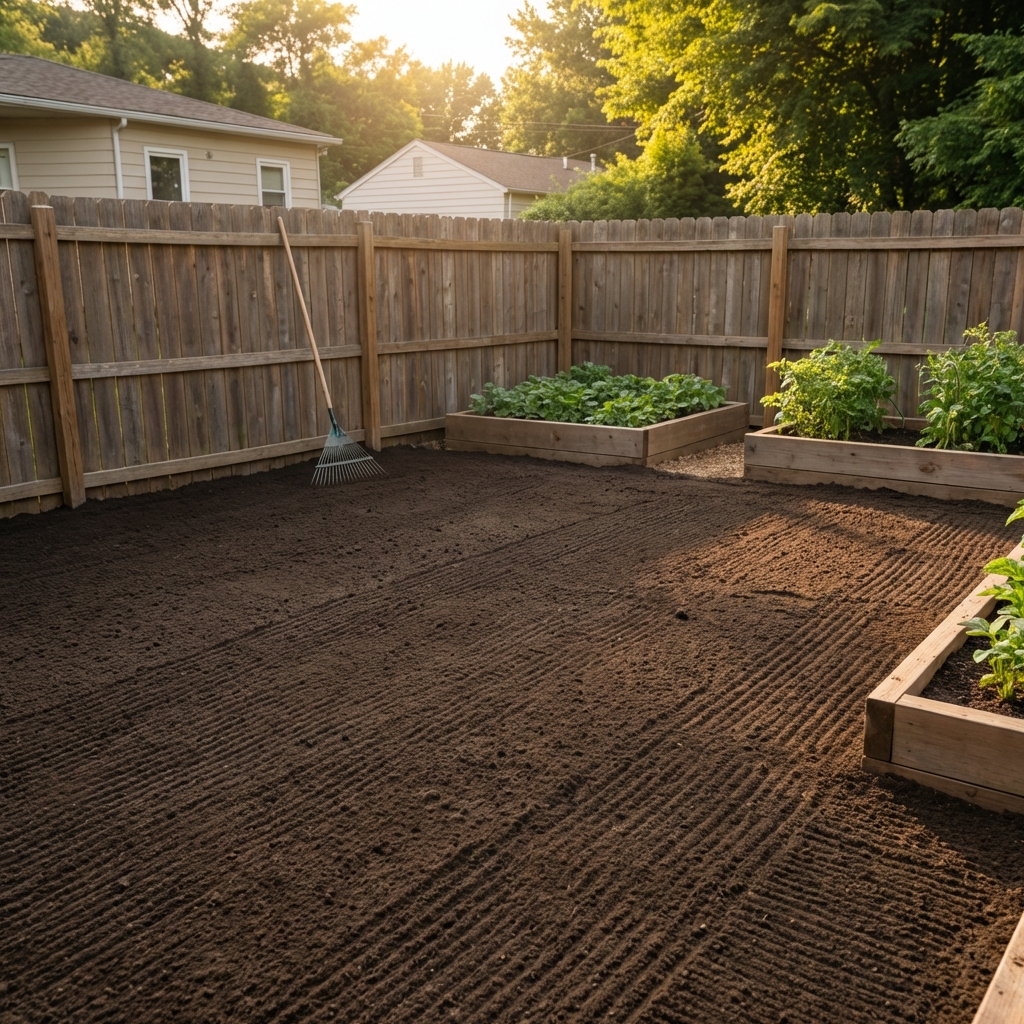 A smooth, freshly graded yard with raked soil ready for sod installation