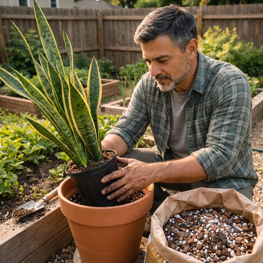 A snake plant being repotted into a terracotta pot with chunky well-draining soil