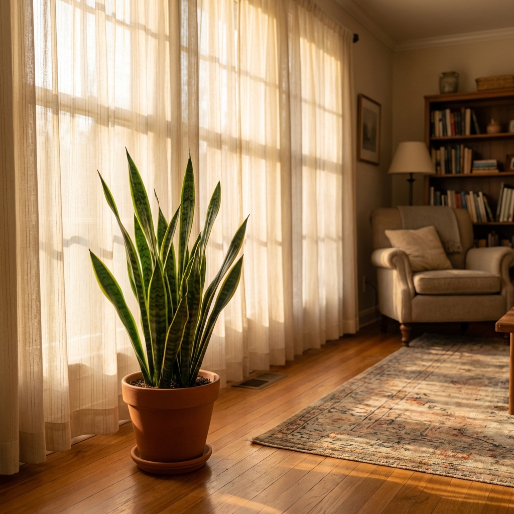 A snake plant placed a few feet away from a sunny living room window with light filtering through curtains