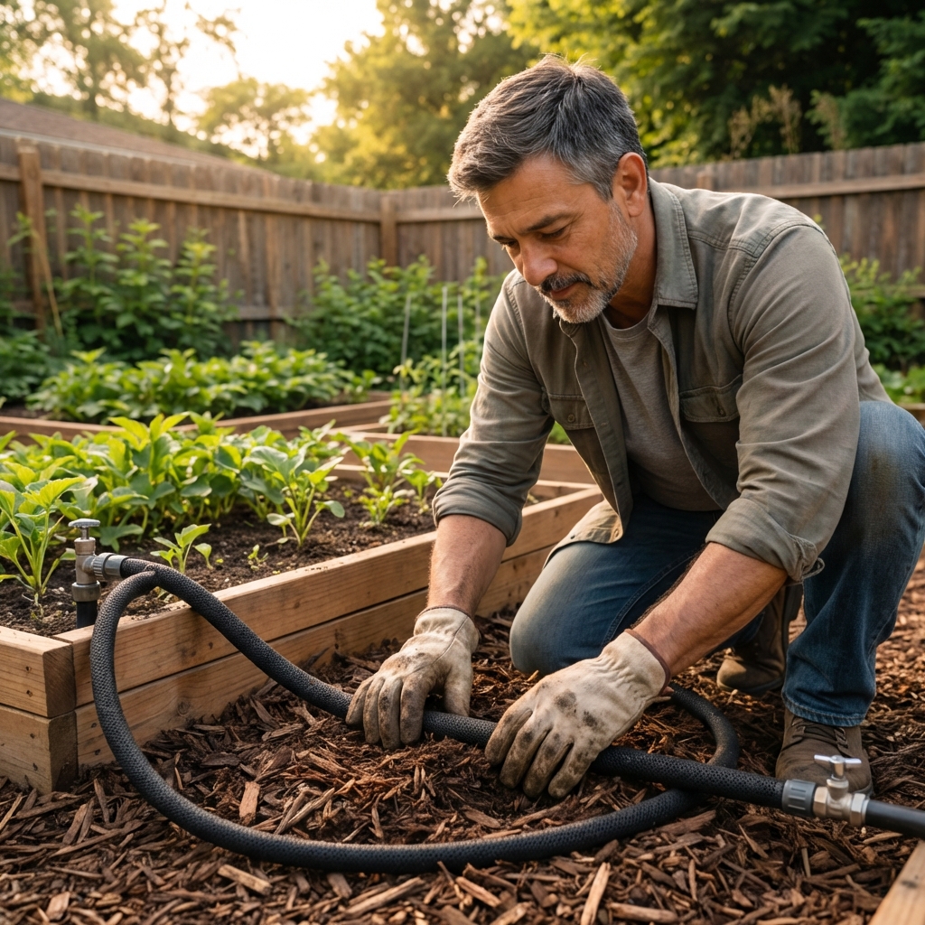 A soaker hose running under mulch in a backyard garden bed