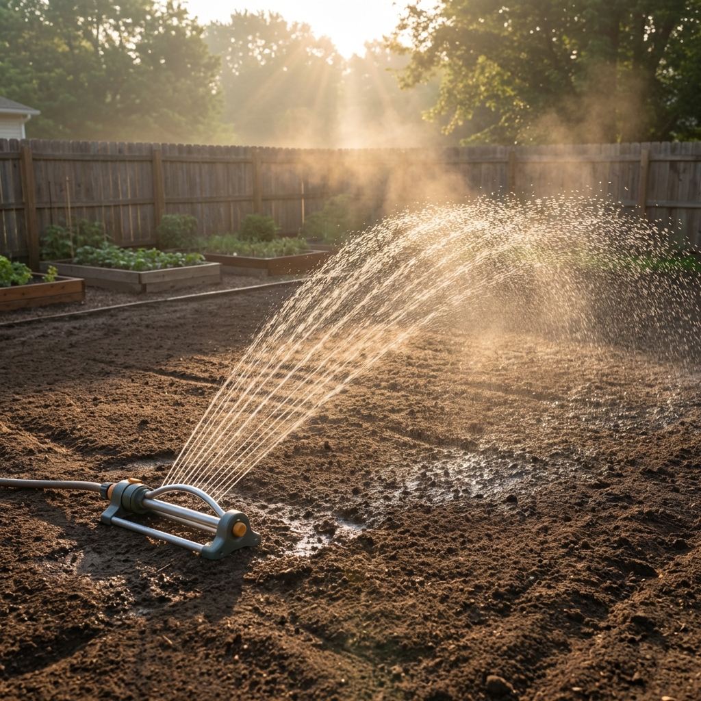 A sprinkler watering a bare, graded lawn area in the early morning
