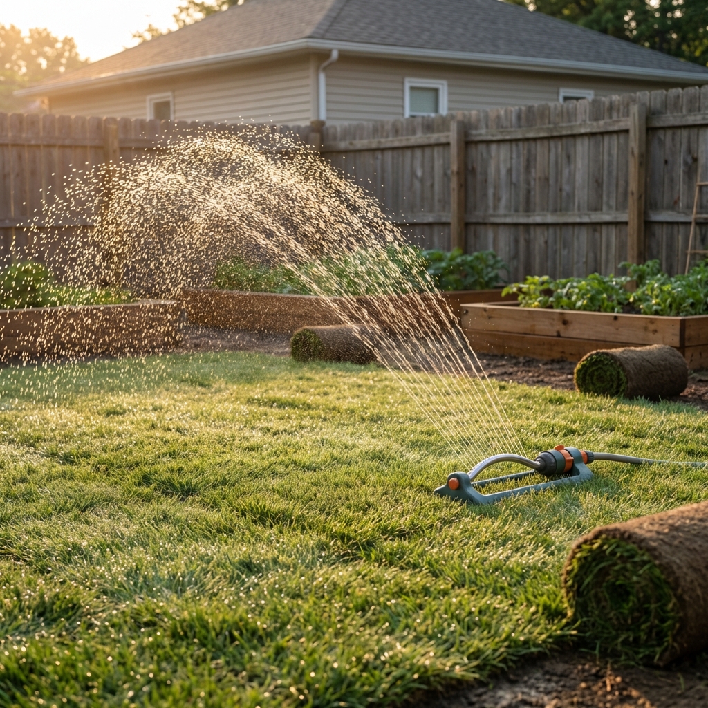 A sprinkler watering a newly sodded lawn in the early morning light