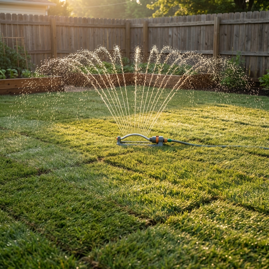 A sprinkler watering newly installed sod in the early morning light