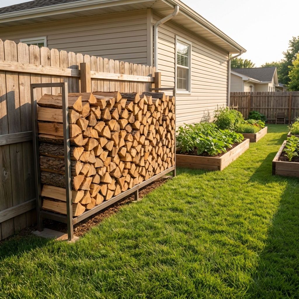 A stacked firewood pile raised on a rack placed away from a house in a sunny yard