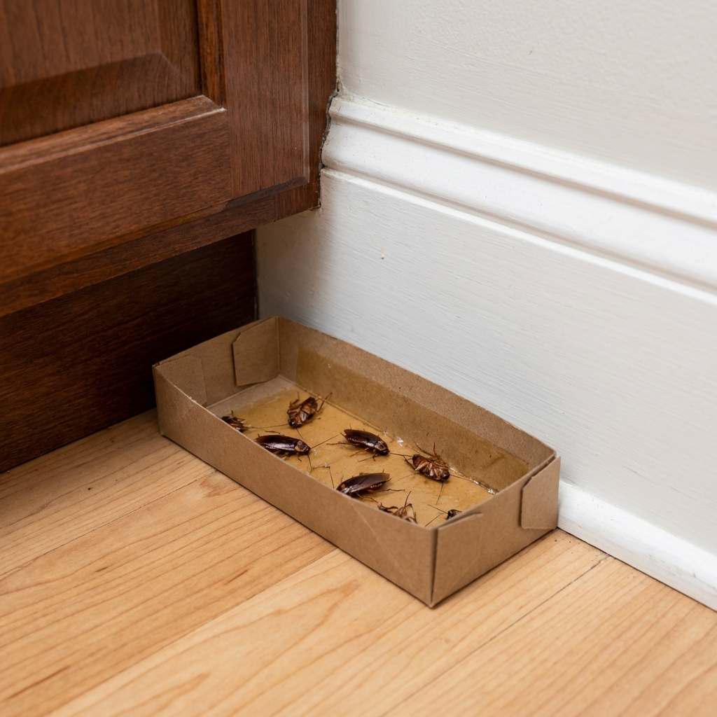 A sticky roach trap placed along a kitchen baseboard near a cabinet corner