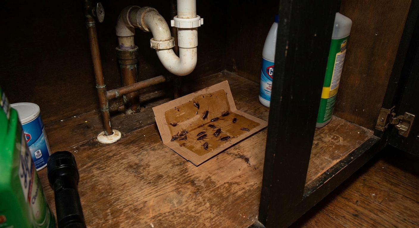 A sticky roach trap placed under a kitchen sink near plumbing pipes