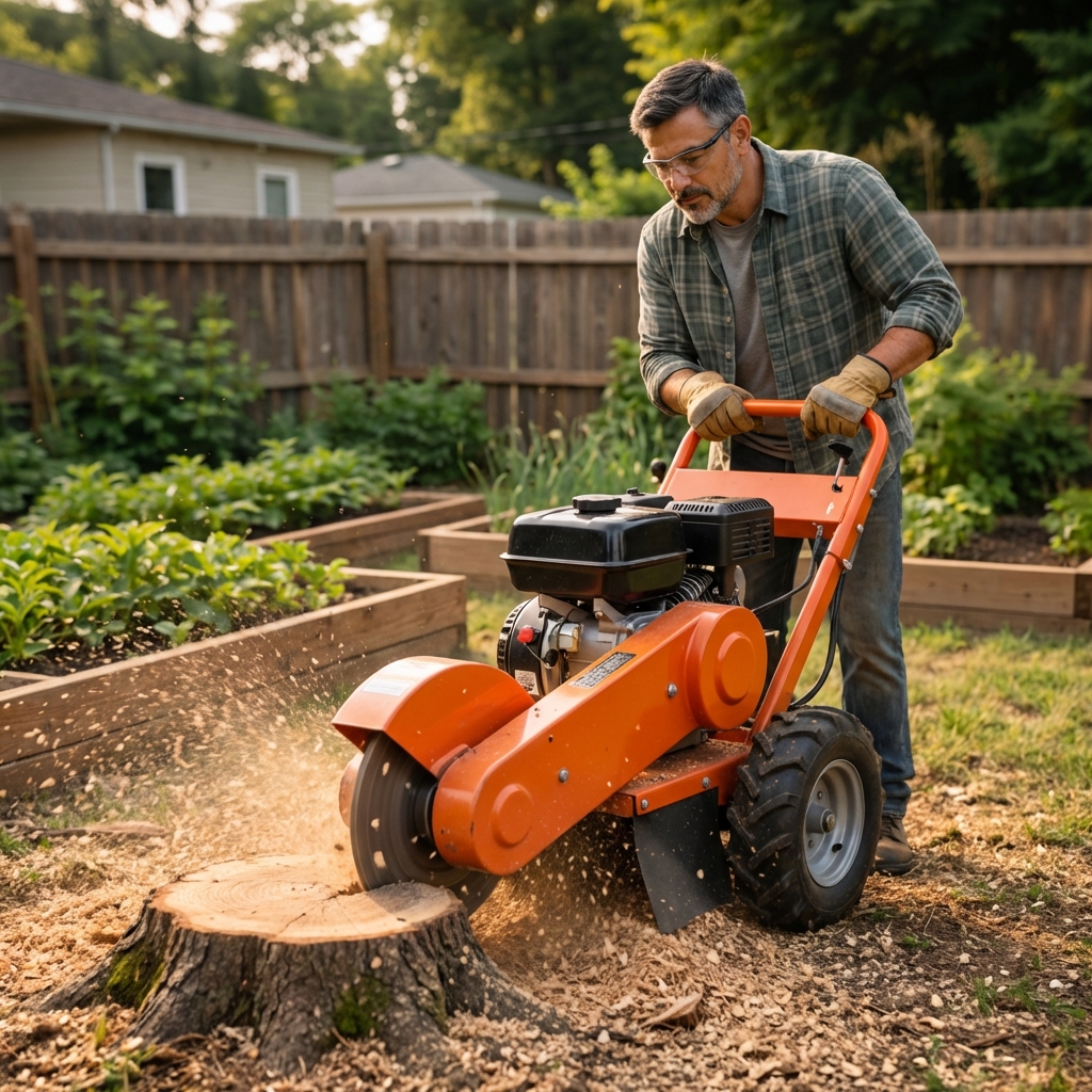 A stump grinder machine working on a tree stump in a residential yard with wood chips scattered nearby