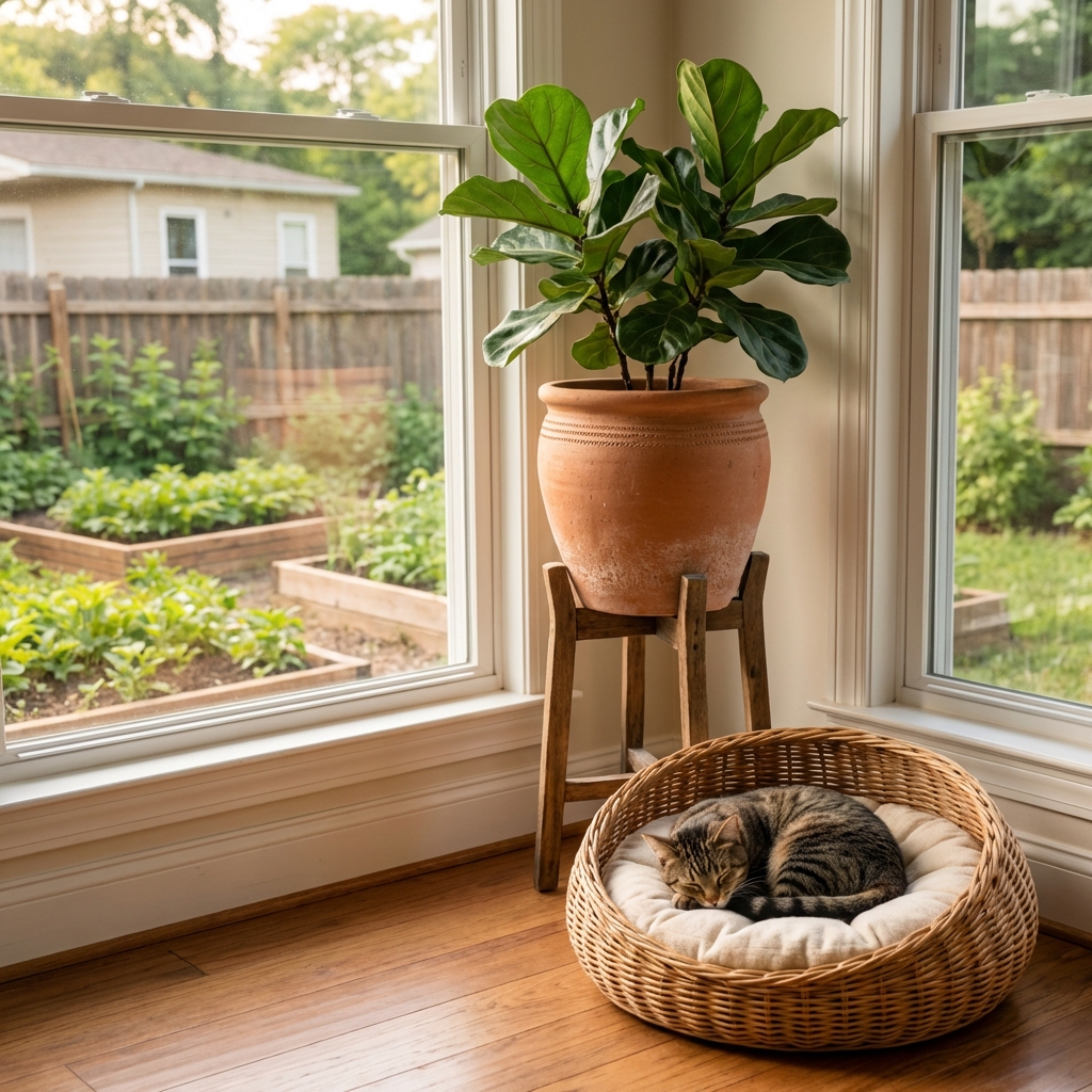 A sturdy ceramic plant pot on a tall plant stand near a window with a cat bed on the floor nearby