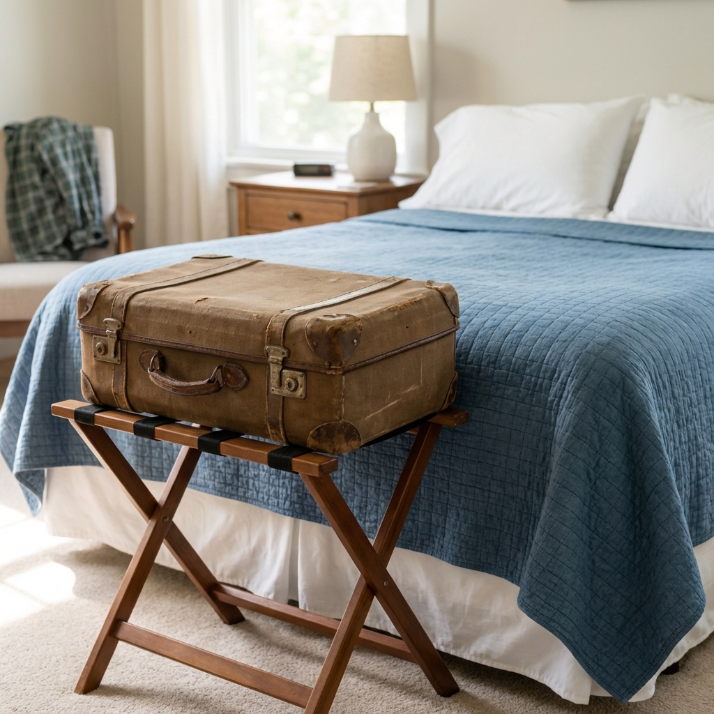 A suitcase on a luggage rack next to a bed