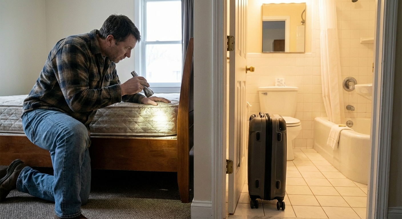 A suitcase placed in a hotel bathroom near a bathtub while the bed is being inspected