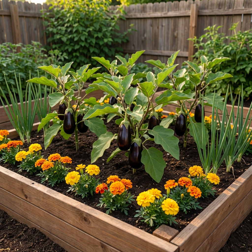 A summer vegetable garden bed showing eggplants spaced apart with marigolds along the border and green onions in the corners
