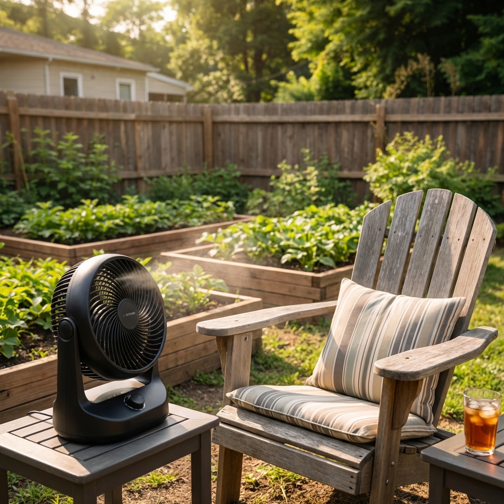 A sunny backyard seating area with a small outdoor fan next to a chair and garden beds in the background