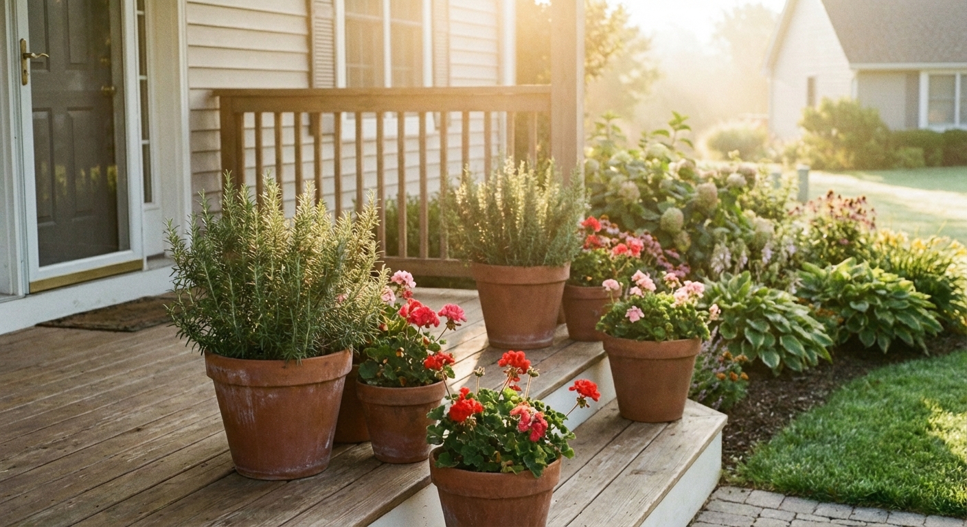 A sunny front porch with terracotta containers planted with rosemary and geraniums
