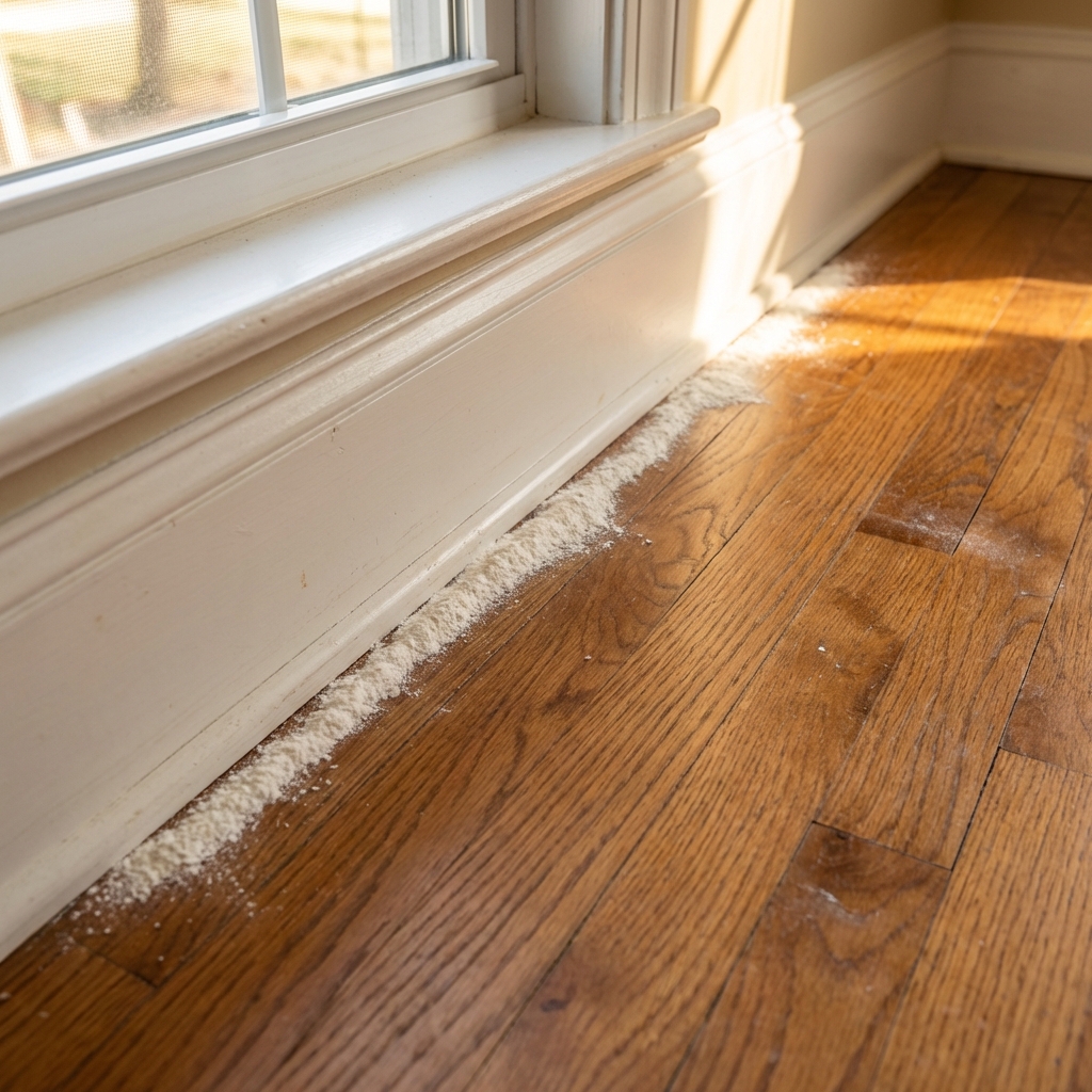 A thin line of white powder applied along the edge of a baseboard on a hardwood floor