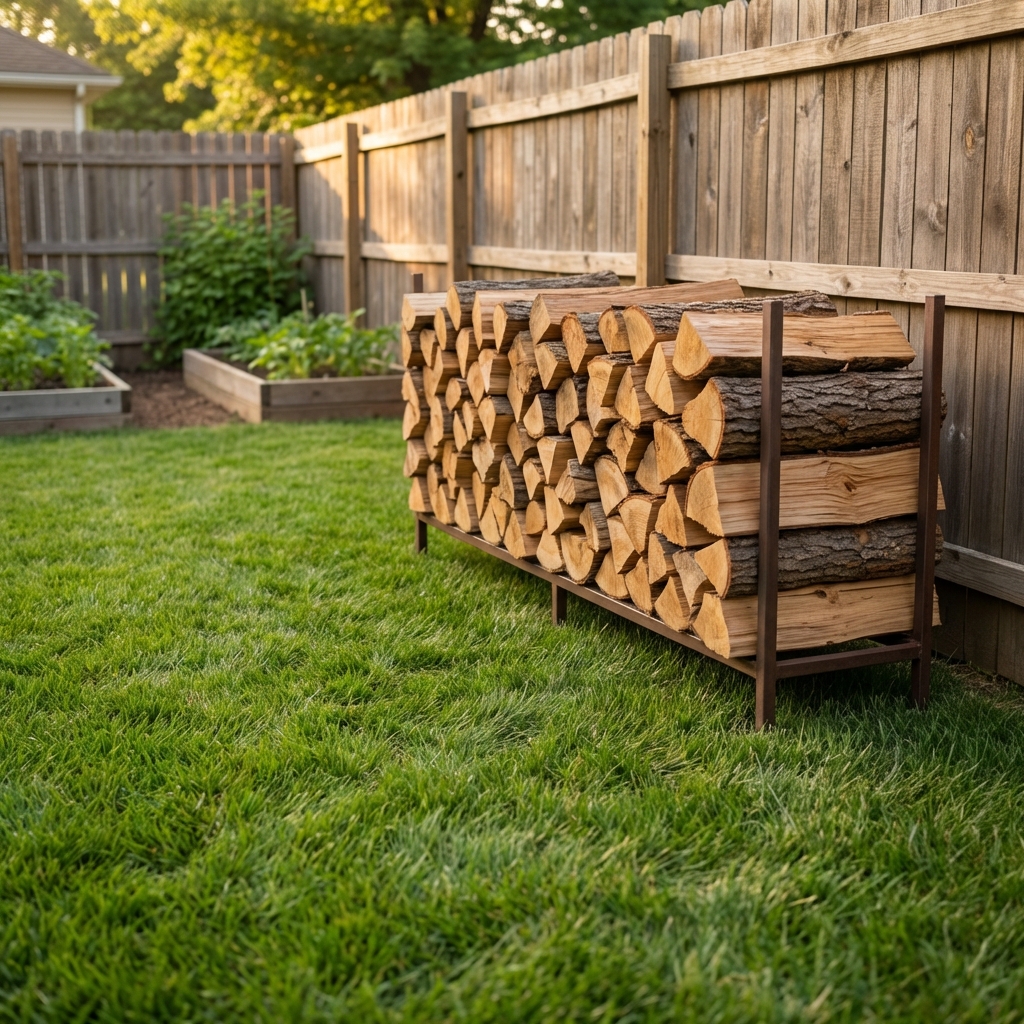 A tidy backyard with short grass and a neatly stacked woodpile raised off the ground near a fence