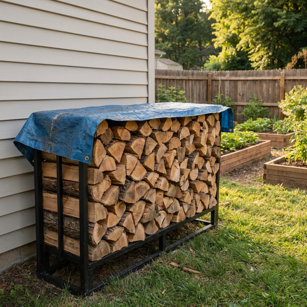 A tidy firewood stack raised on a metal rack a few feet away from a house