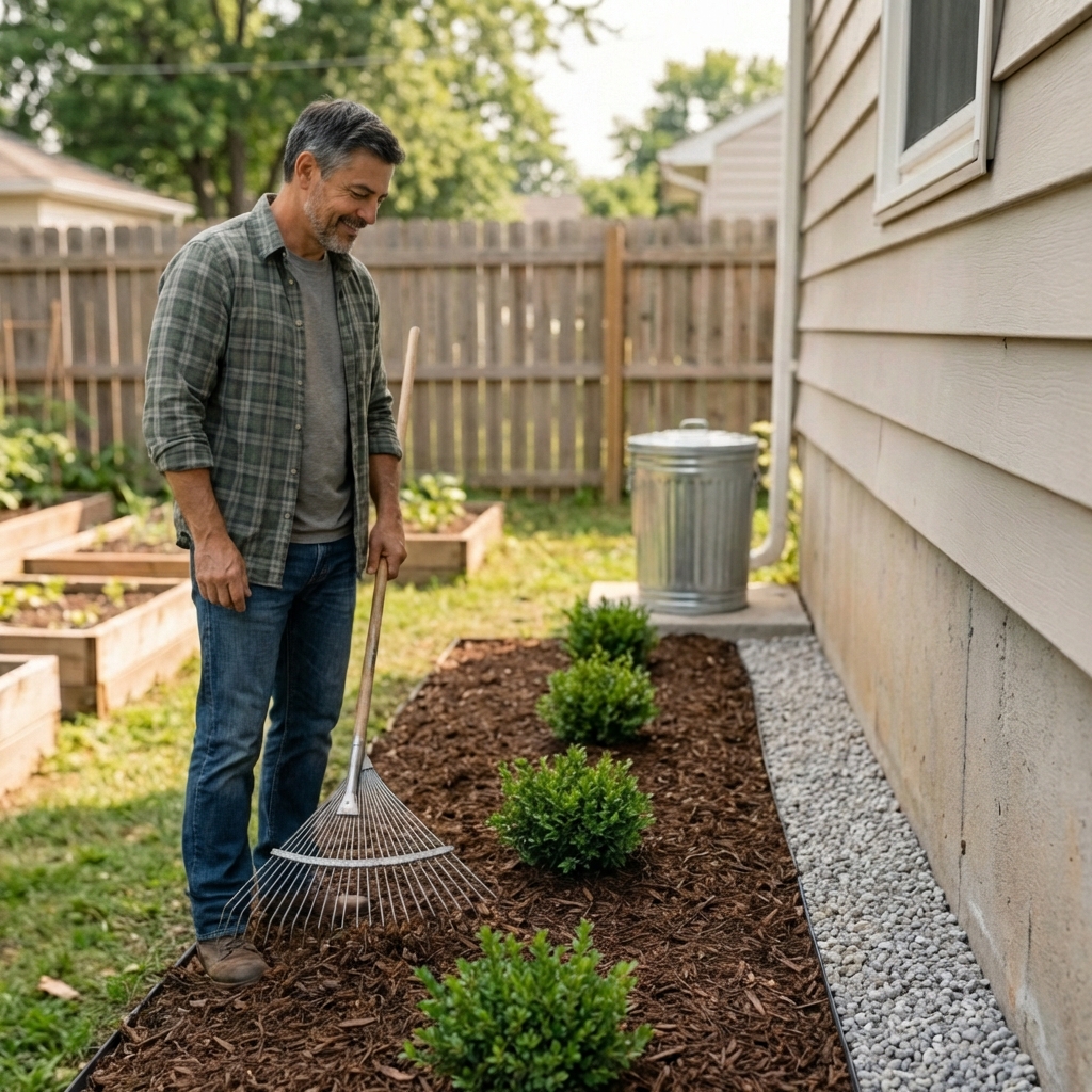 A tidy foundation planting with mulch, spaced shrubs, and a clear gravel strip next to a house