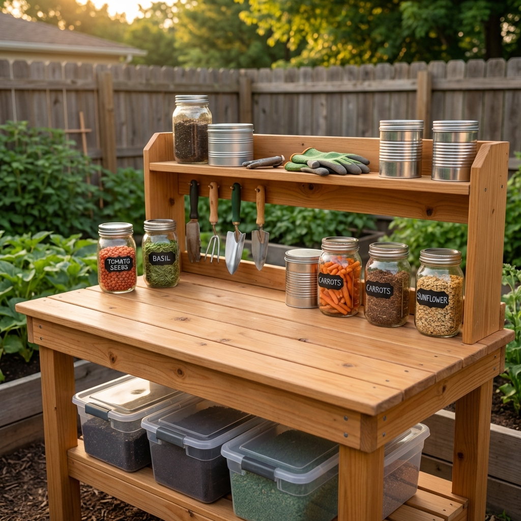 A tidy potting bench with sealed containers and no spilled seed