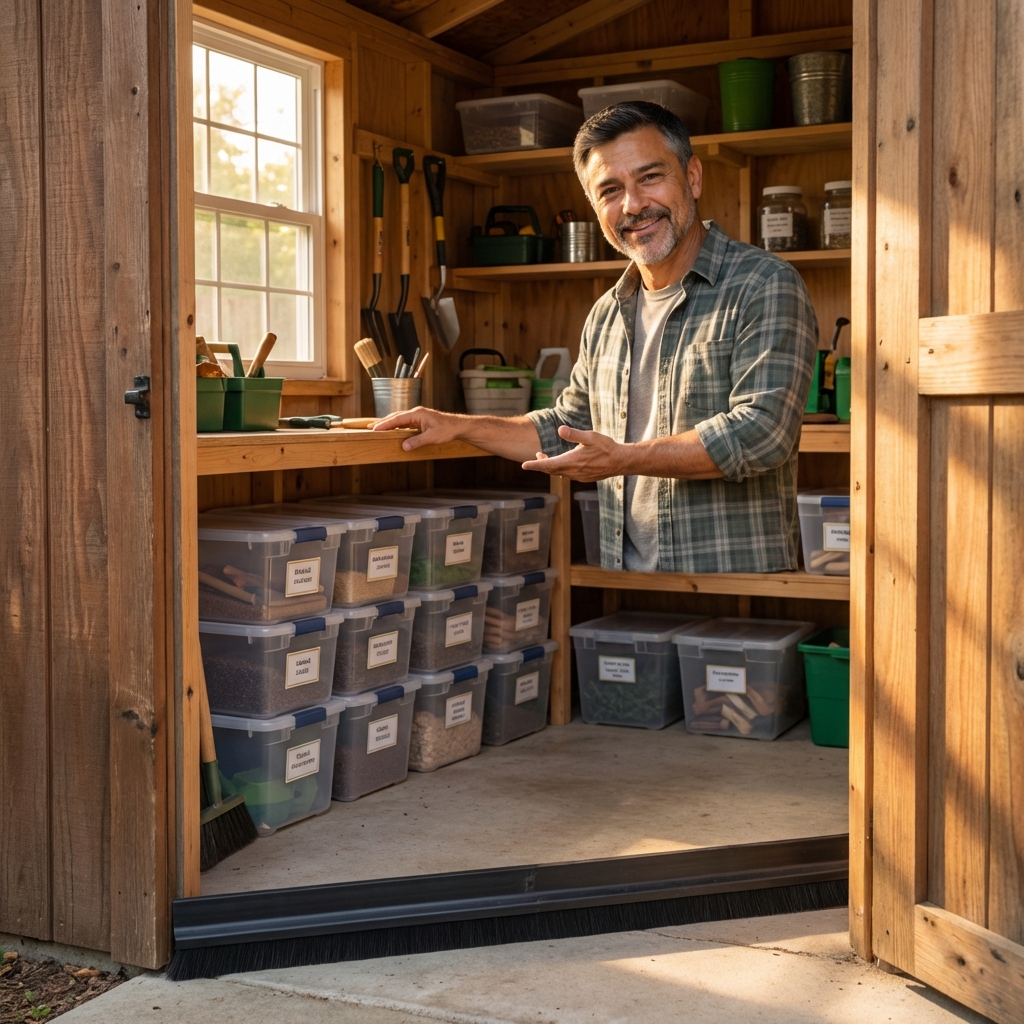 A tidy shed interior with sealed storage bins on shelves and a door sweep visible at the bottom of the door