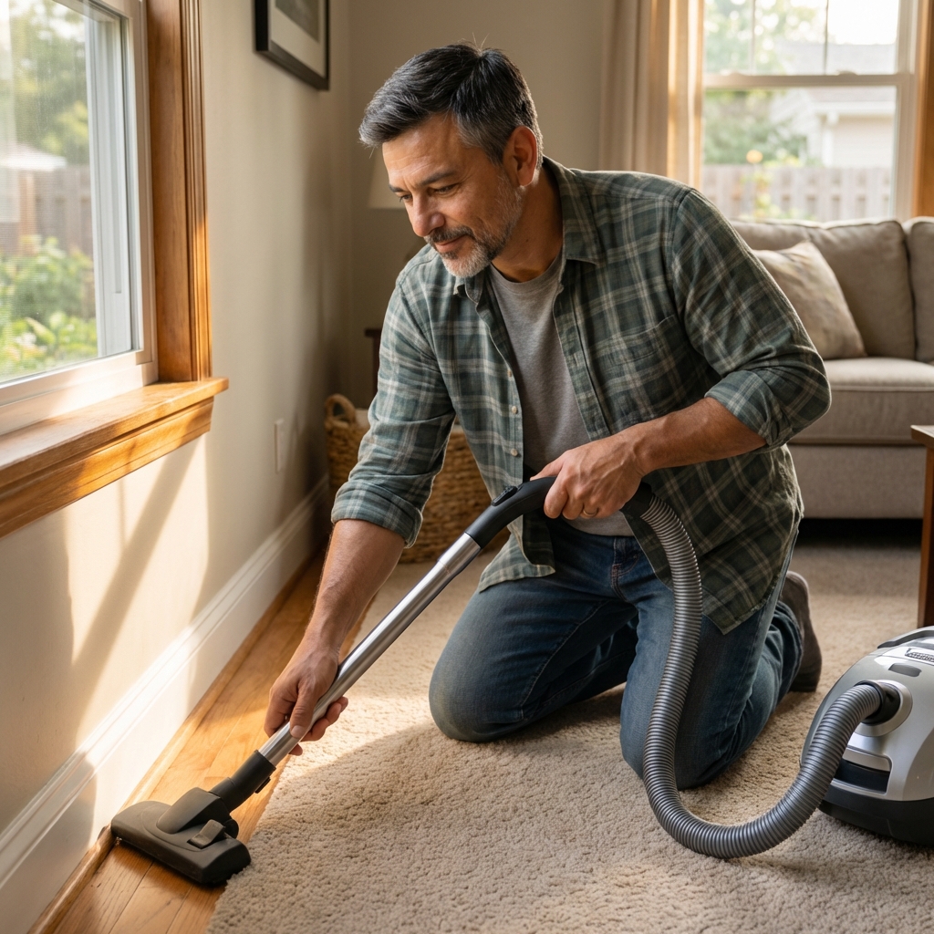 A vacuum cleaner being used along a carpet edge near a baseboard in a home