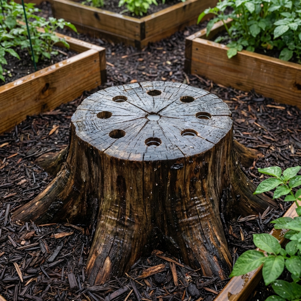 A weathered tree stump with several drilled holes in the top sitting in a mulched garden bed after rain