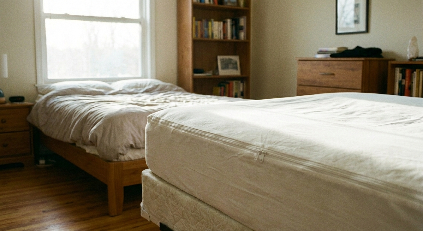 A white mattress fully enclosed in a zippered bedbug-proof encasement on a neatly made bed