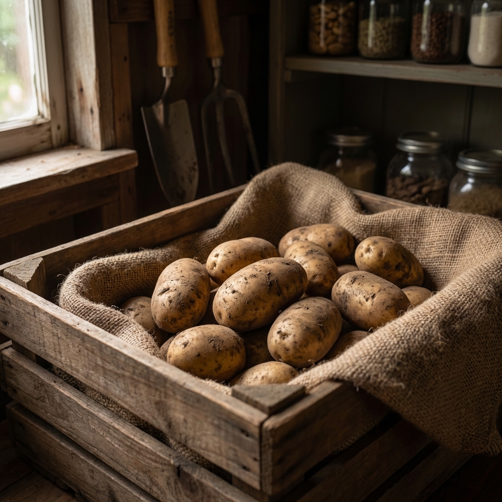 A wooden crate in a dim pantry holding unwashed potatoes on a burlap sack, with soft light coming from the side