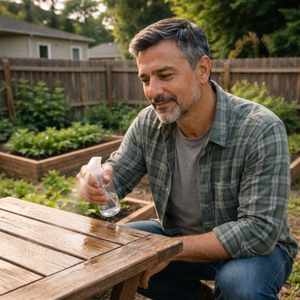 A wooden patio table being lightly sprayed with a clear mist from a small spray bottle in a backyard setting