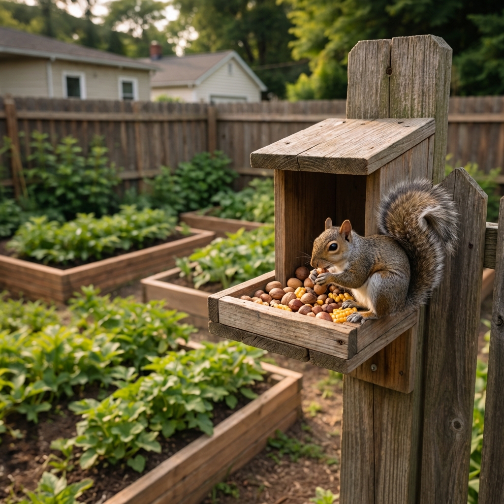 A wooden squirrel feeder box mounted on a fence post in a backyard