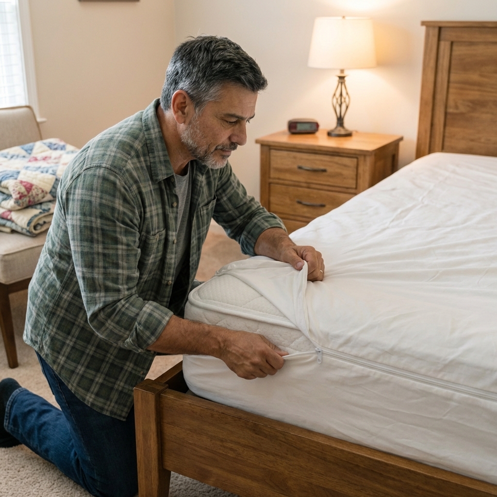 A zippered mattress encasement being pulled over a mattress in a tidy bedroom