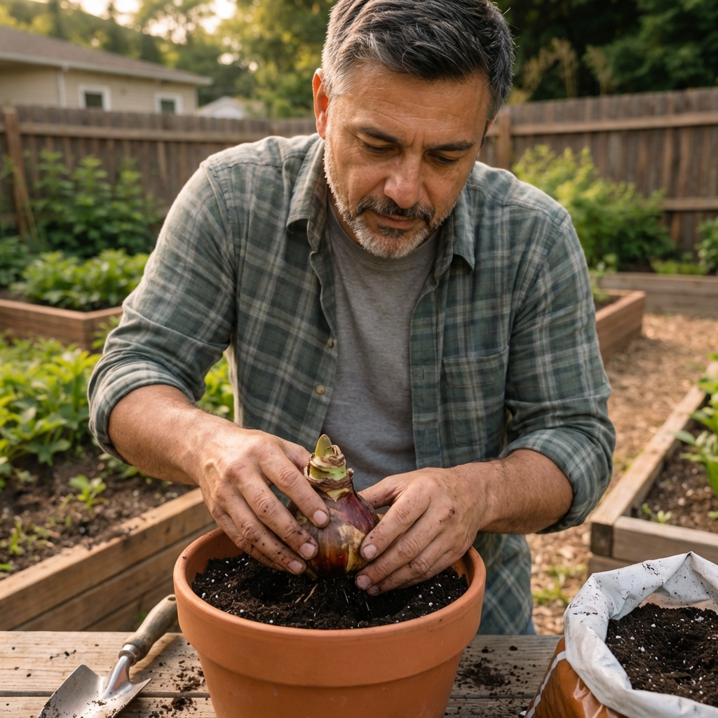 Amaryllis bulb being set into a terra cotta pot with fresh potting mix