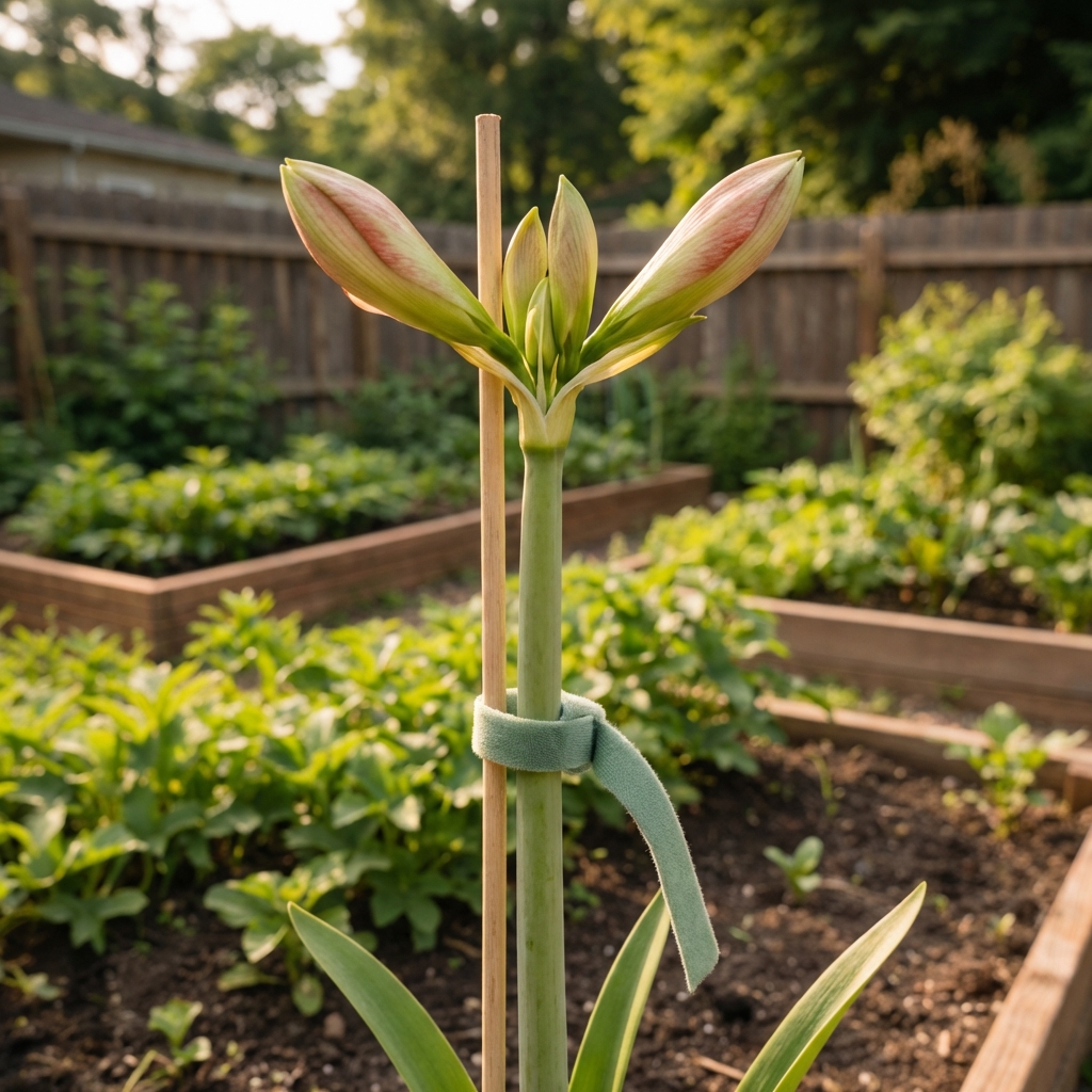 Amaryllis flower stalk supported by a small stake and soft tie