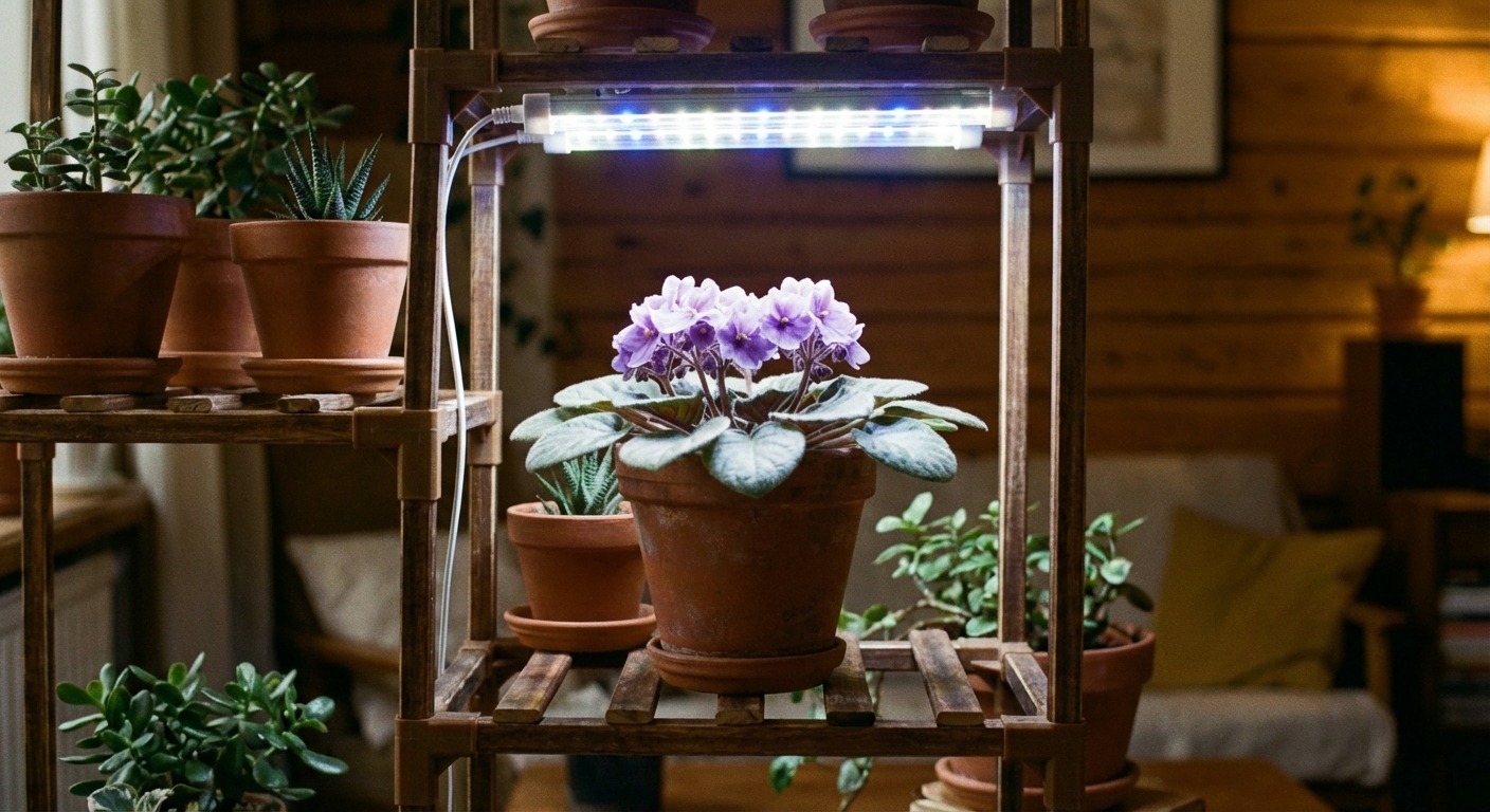 An African violet under an LED grow light on a small indoor plant shelf