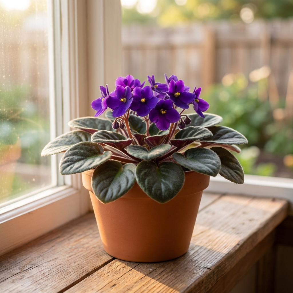 An African violet with purple blooms on a windowsill in soft natural light