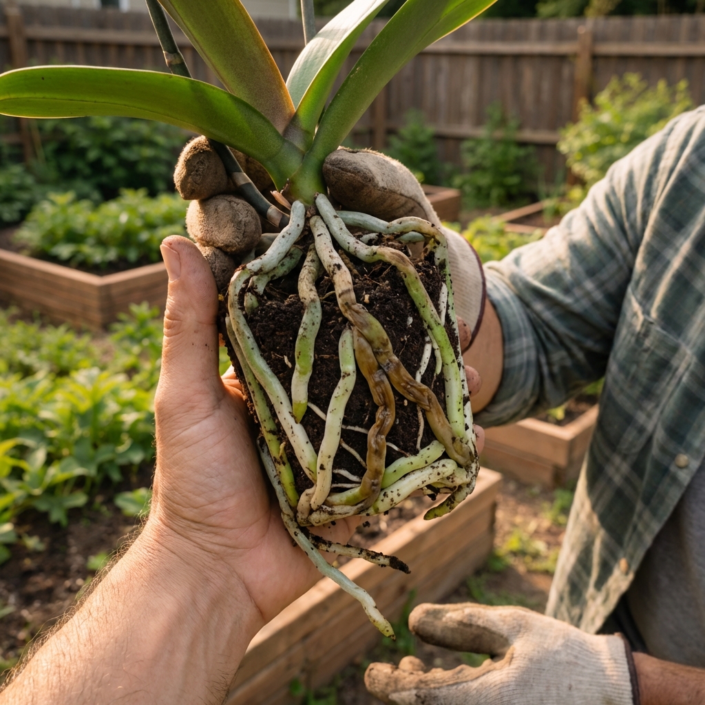 An orchid removed from its pot showing firm healthy roots and a few brown mushy roots